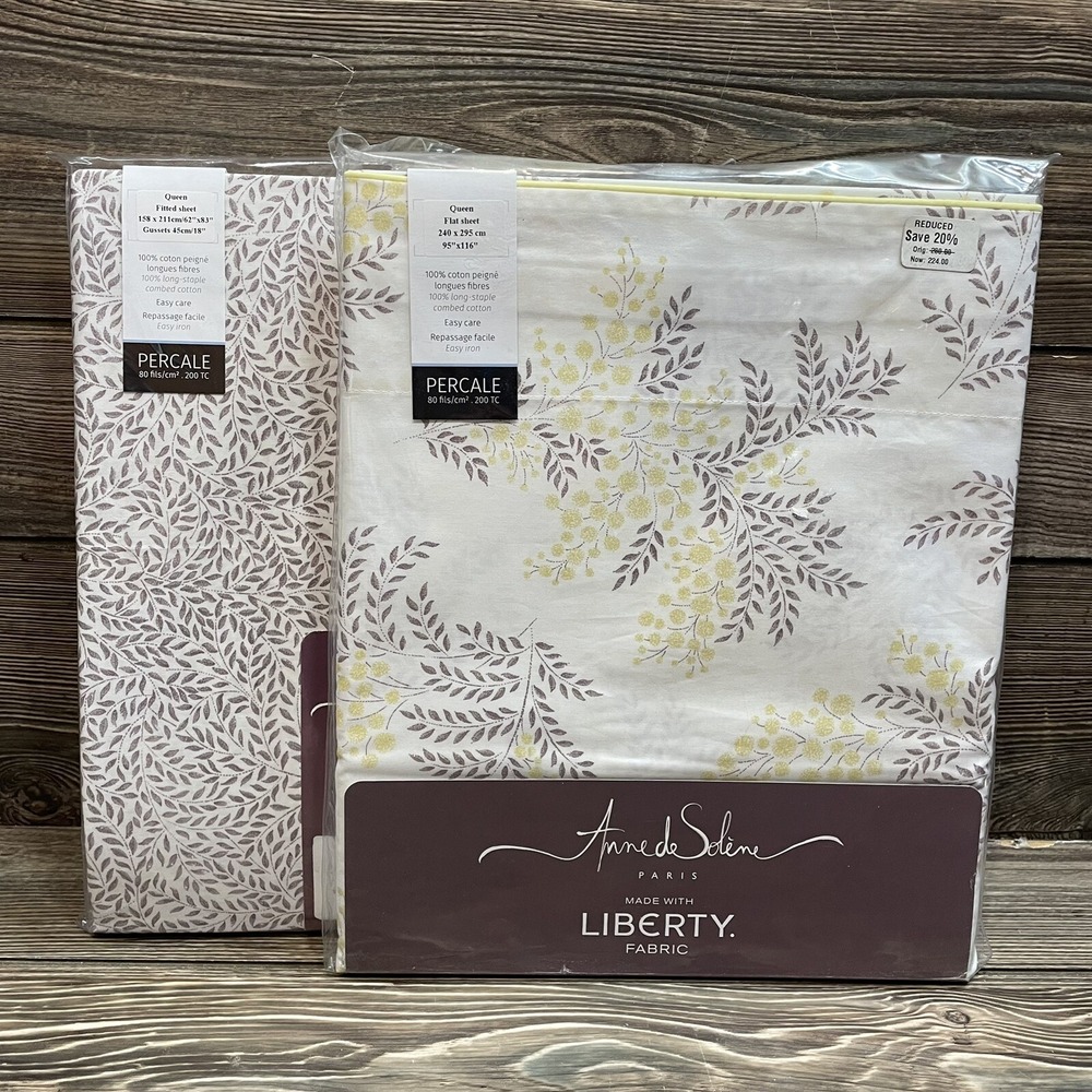 Anne de Solene Paris Mimosa Queen Fitted & Flat Sheet Percale 100% Combed Cotton